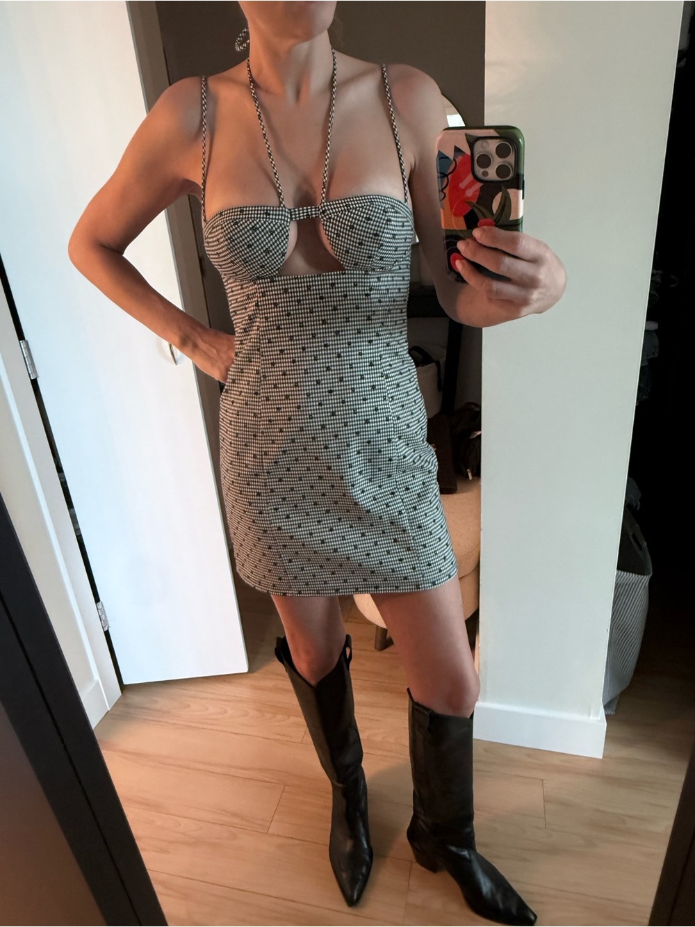 MAJORELLE Black & White Chain-Strap Mini Dress